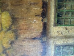 Very small bruise, as mentioned in the description, very near the center of this close-up image. Mentioned for the sake of accuracy as it does not visually distract from this pleasant painting. 